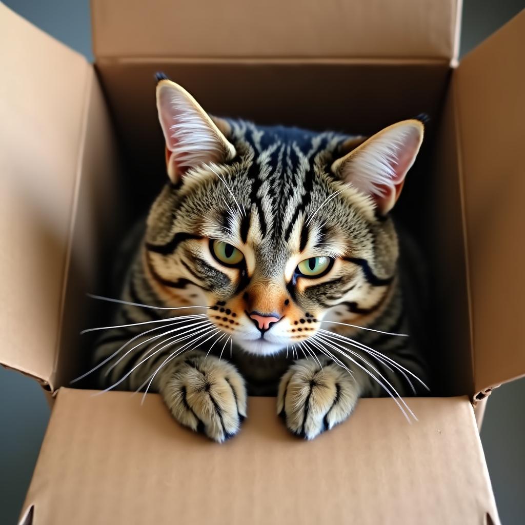 Ảnh mèo cute chui vào hộp carton, biểu cảm ngộ nghĩnh khó đỡ